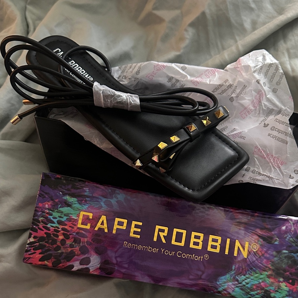 Cape Robbin Black Square-Toe Lace-Up Sandals with Gold Studs